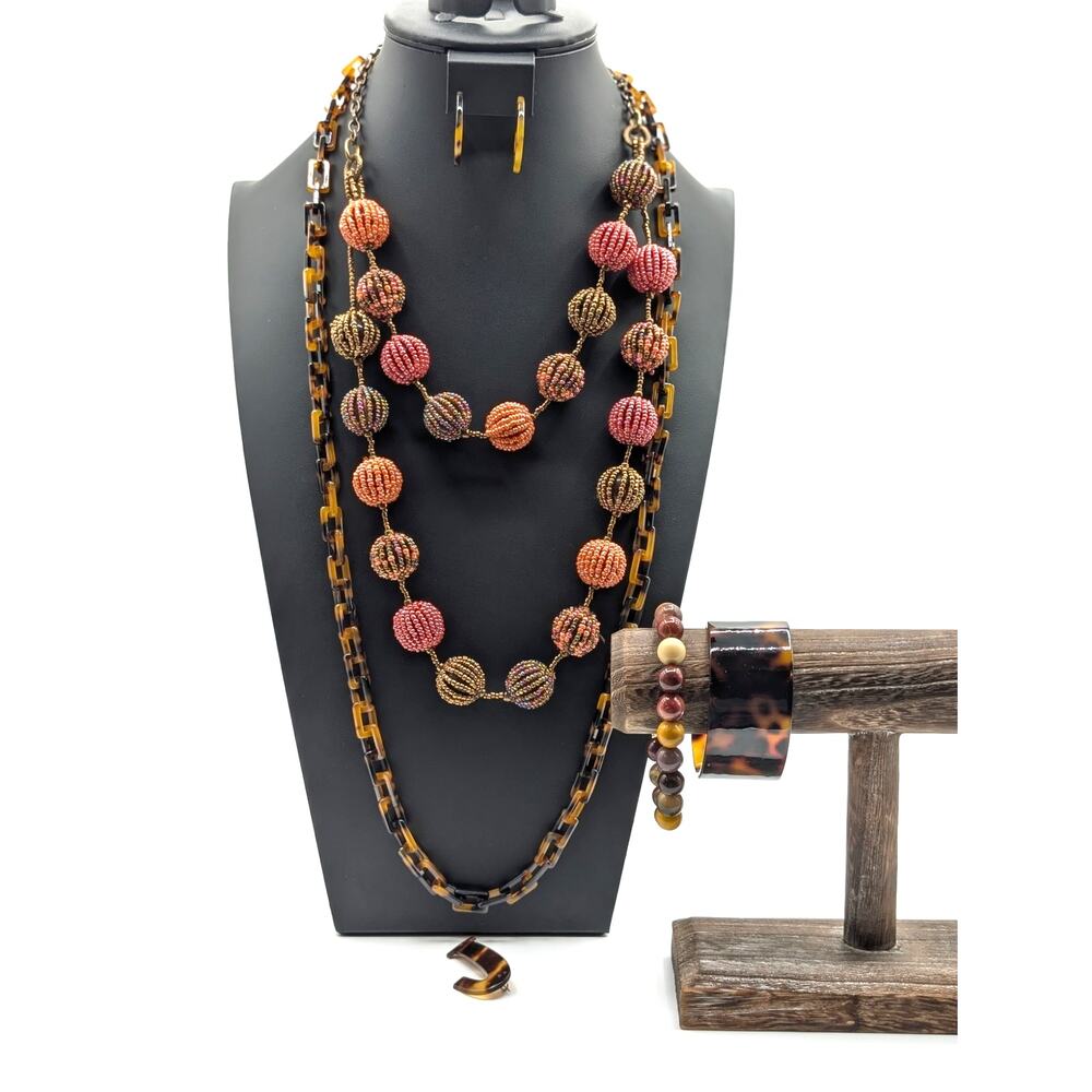 Costume Lot of Brown Cream Coral Tortoise Necklaces Bracelets Earrings & Pin